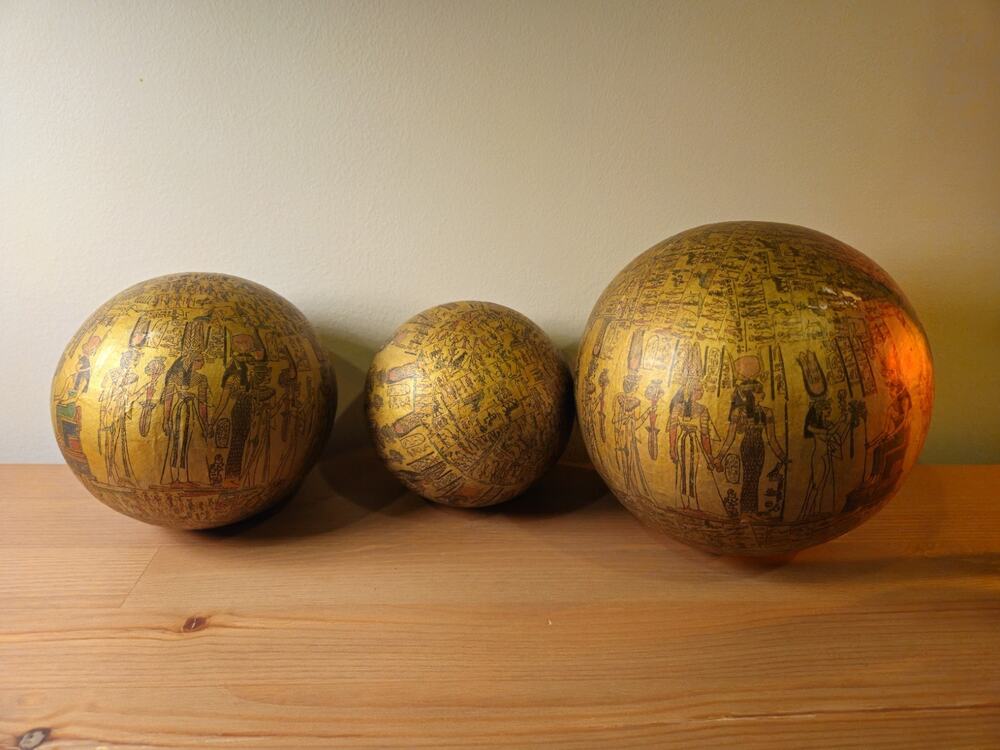Set of 3 Defrotive Ceramic Globes Hieroglyphics Egyptian